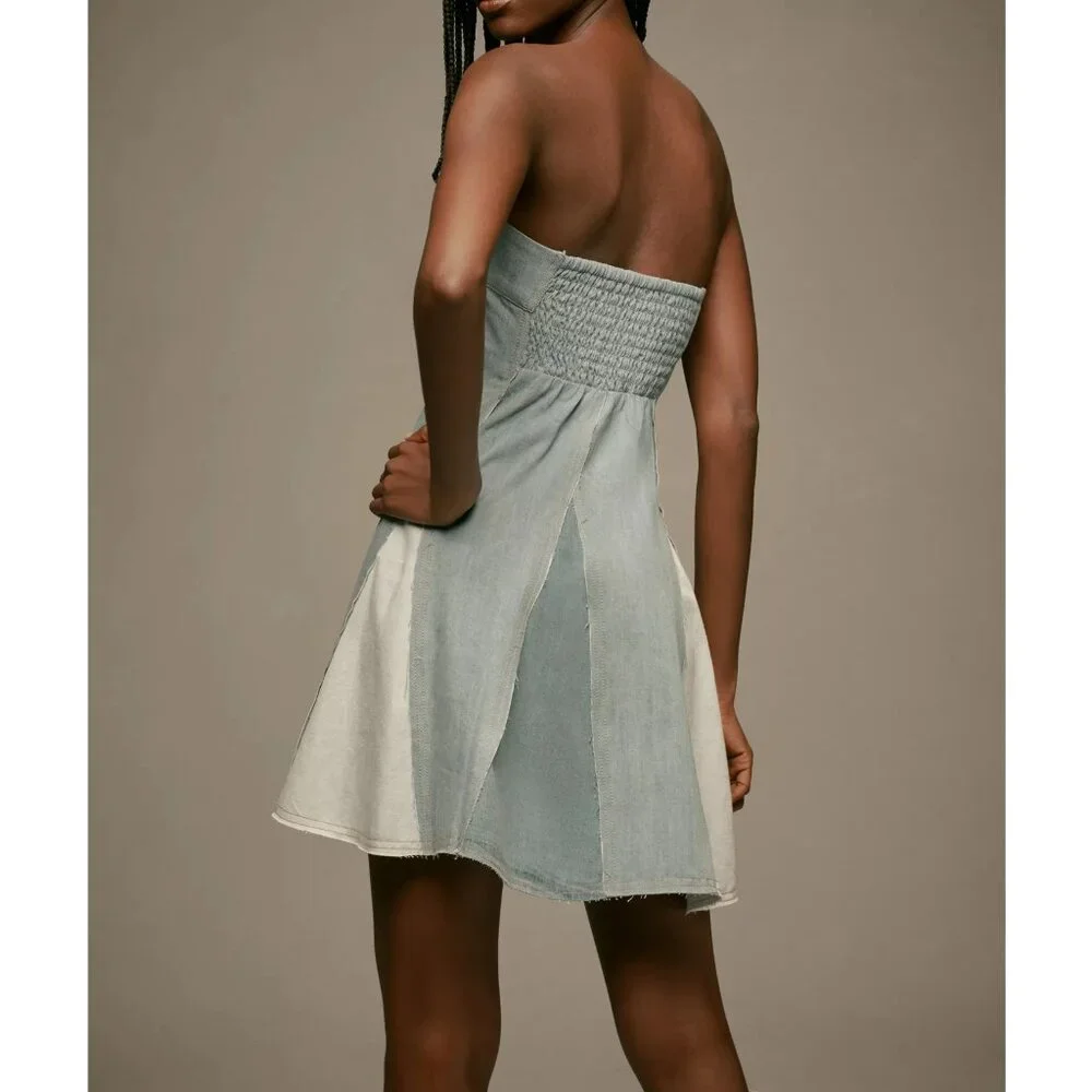 Anthropologie Pilcro Strapless Seamed Denim Mini Dress Light Blue Medium - Picture 3 of 10